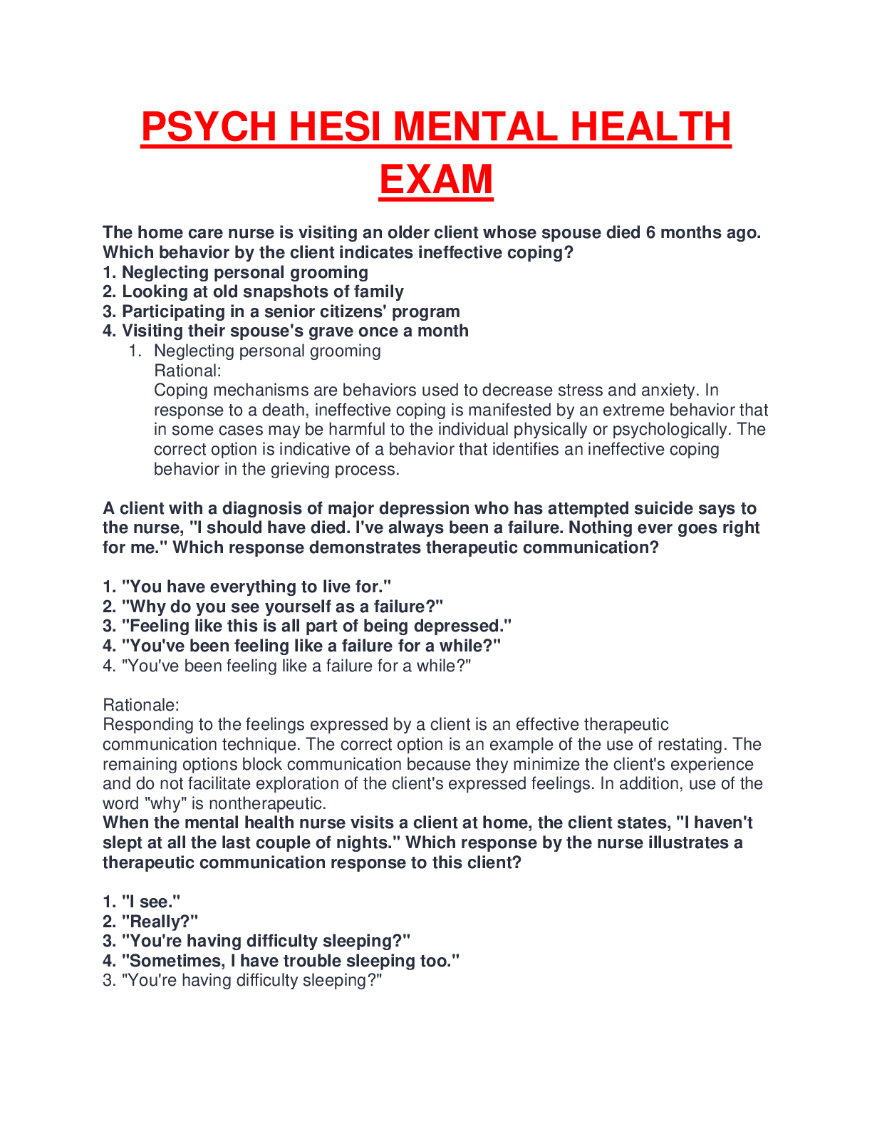 PSYCH HESI MENTAL HEALTH EXAM QUESTIONS RATED AND VERIFIED TOP